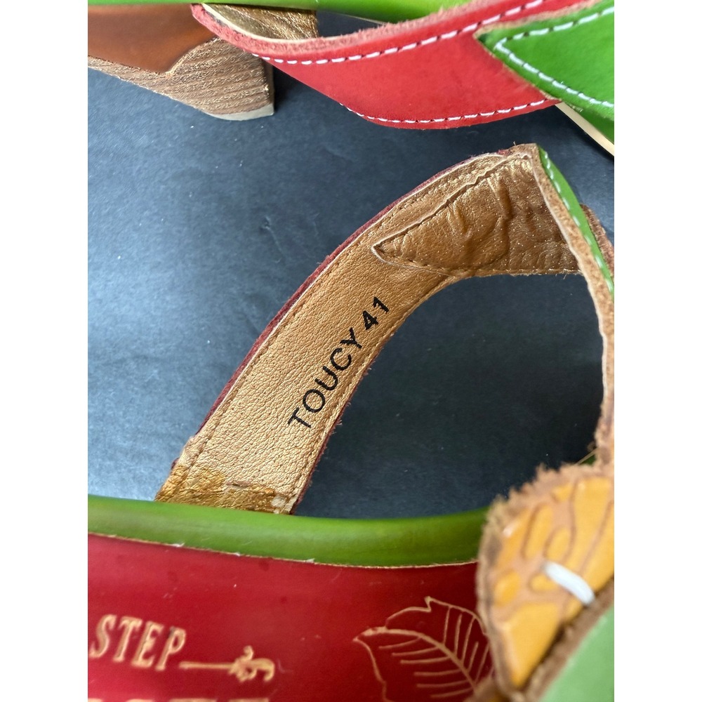 L'Artiste Toucy Heeled Sandals Womens 41 Green Red Leather Floral Boho Slides - Picture 4 of 12